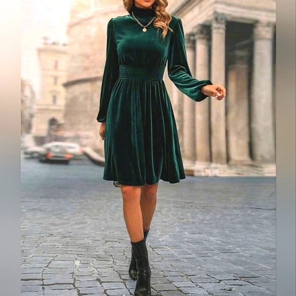* New Luxe Velvet Smocked Turtleneck Dress Dark Green - Picture 6 of 8